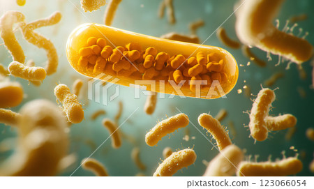 Probiotic capsule releasing beneficial bacteria improving gut health 123066054