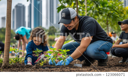 Volunteers planting seedlings in community garden in urban setting 123066071