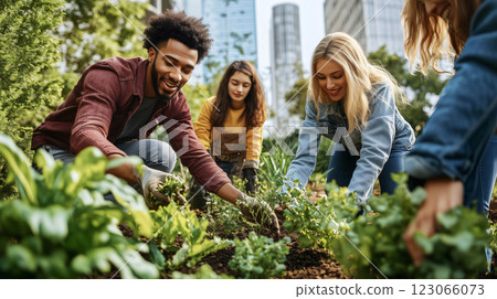 Group of volunteers taking care of plants in community garden 123066073