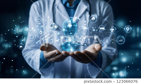 Doctor holding ai model for innovative healthcare solutions 123066076