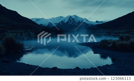 Fog covering river at dawn with mist rising above water 123066113