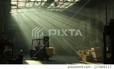 Forklift operator moving pallets in a warehouse with sunbeams 123066117