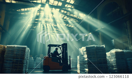 Warehouse worker driving forklift moving pallets in logistics center 123066118