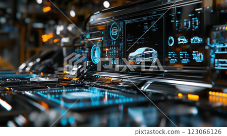 Futuristic holographic interface showing statistics of electric car being designed 123066126