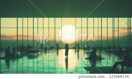 People relaxing in a futuristic space station with a view of a planet at sunset 123066134