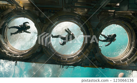 Astronauts leaving space station from docking ports 123066136