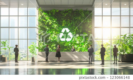 Business people waiting in green office building lobby with recycling sign 123066148