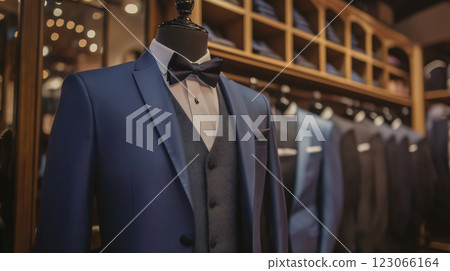 Mannequin wearing stylish bespoke suit in a menswear store 123066164