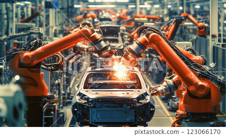 Robotic arms welding car body on production line in factory 123066170
