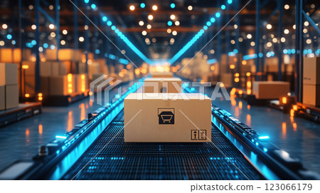 Cardboard box moving on conveyor belt in distribution warehouse 123066179