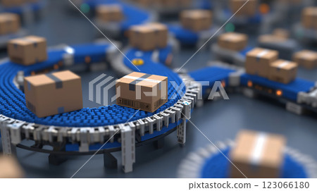 Cardboard boxes moving on conveyor belt in distribution warehouse 123066180