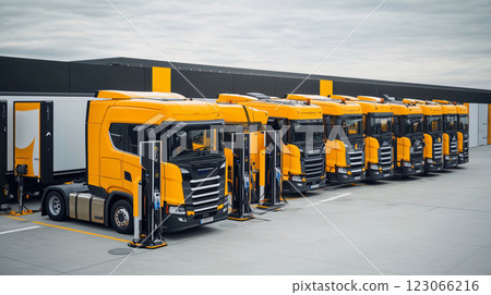 Several yellow electric semi trucks charging their batteries in a depot 123066216