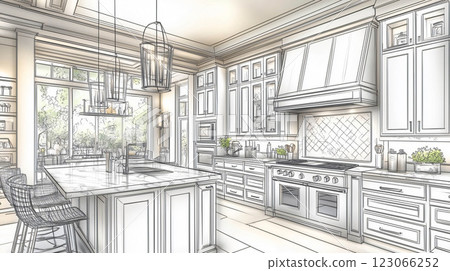 Custom kitchen design being drawn by architect for a modern home 123066252