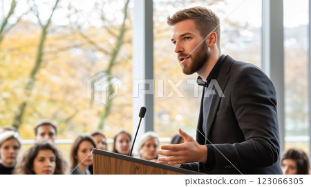Motivated businessman giving a public speech at a conference 123066305