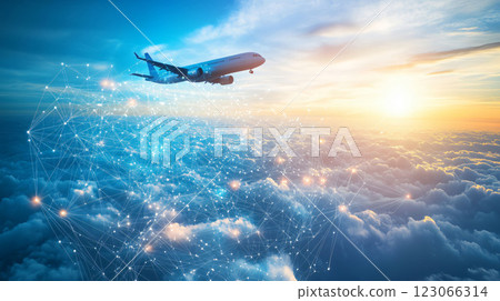 Passenger airplane is flying above a network of connections 123066314