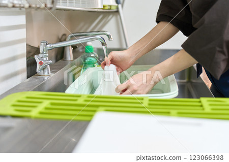 Restaurant employees using tap water Restaurant employees using tap water 123066398