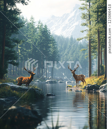 Deer in a lake. Spring time forest with wildlife in it. Deers. Wildlife in the woods. AI Generated. 123066418