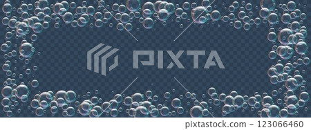 Rectangular frame of foam soap bubbles. Realistic air balloons on the edges of the banner. Underwater oxygen. Vector illustration Rectangular frame of foam soap bubbles. Realistic air balloons on the edges of the banner. Underwater oxygen. Vector illustration 123066460