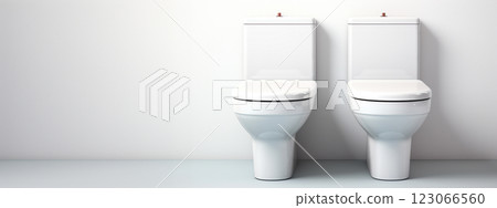 Background Two toilet bowl near white wall indoors. Clean lavatory, bathroom 123066560