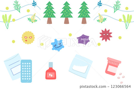 Illustration set of pollen causes and countermeasures Illustration set of pollen causes and countermeasures 123066564