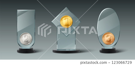 Glass trophy collection decorated with medals 123066729
