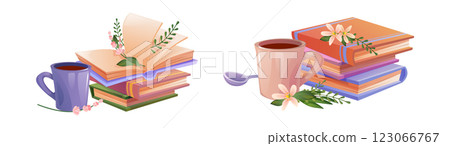 Book stack composition with flowers 123066767