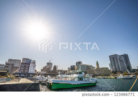 Yokohama cityscape in Japan. Strong winds (covering the city of Yokohama with dust) causing the sun to blur, ripples on the sea surface... = 13th Yokohama cityscape in Japan. Strong winds (covering the city of Yokohama with dust) causing the sun to blur, ripples on the sea surface... = 13th 123066771