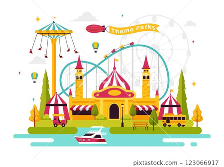 Theme Parks Vector Illustration featuring an Amusement Park with a Ferris wheel, Fun Game Booths, a Ticket Box, and Trade Fair Stalls in a Background 123066917
