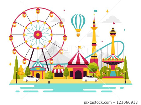 Theme Parks Vector Illustration featuring an Amusement Park with a Ferris wheel, Fun Game Booths, a Ticket Box, and Trade Fair Stalls in a Background 123066918