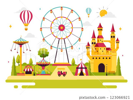 Theme Parks Vector Illustration featuring an Amusement Park with a Ferris wheel, Fun Game Booths, a Ticket Box, and Trade Fair Stalls in a Background 123066921