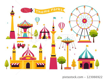 Theme Parks Vector Illustration featuring an Amusement Park with a Ferris wheel, Fun Game Booths, a Ticket Box, and Trade Fair Stalls in a Background Theme Parks Vector Illustration featuring an Amusement Park with a Ferris wheel, Fun Game Booths, a Ticket Box, and Trade Fair Stalls in a Background 123066922