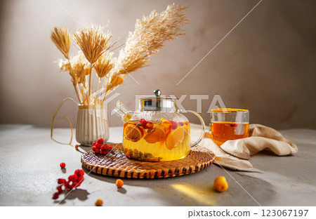 Golden Tea in a Warm Atmosphere 123067197