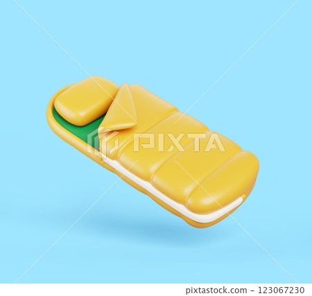 3d sleeping bag with pillow cartoon render icon. Camping equipment for travel, hiking, activity vacation. Yellow green bedroll for summer outdoor adventure isolated on blue background. 3D illustration 123067230