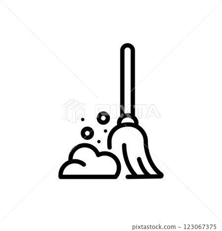 Thin Outline Icon Broom, Besom or Short Brush of Bound Straw Near a Pile of Garbage. Such Line sign as Cleaning Garbage, Cleanup, Sweeping. Vector Computer Pictograms White Background Editable Stroke. Thin Outline Icon Broom, Besom or Short Brush of Bound Straw Near a Pile of Garbage. Such Line sign as Cleaning Garbage, Cleanup, Sweeping. Vector Computer Pictograms White Background Editable Stroke. 123067375