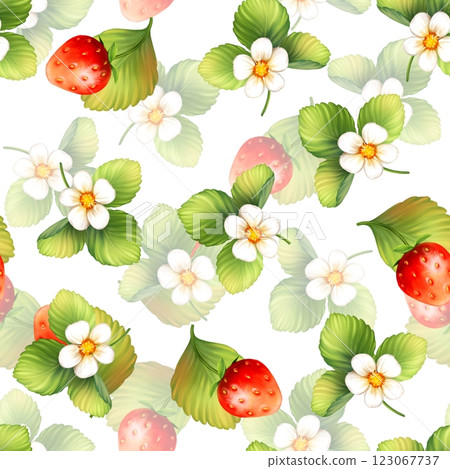 Strawberry with flowers, wild berries, leaves. Seamless pattern on white background. Strawberry with flowers, wild berries, leaves. Seamless pattern on white background. 123067737