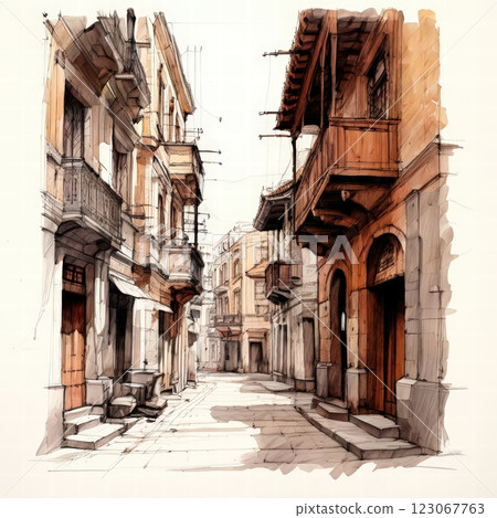 an AI Image Generator, Quaint Historical Town Street With Wooden Balconies an AI Image Generator, Quaint Historical Town Street With Wooden Balconies 123067763
