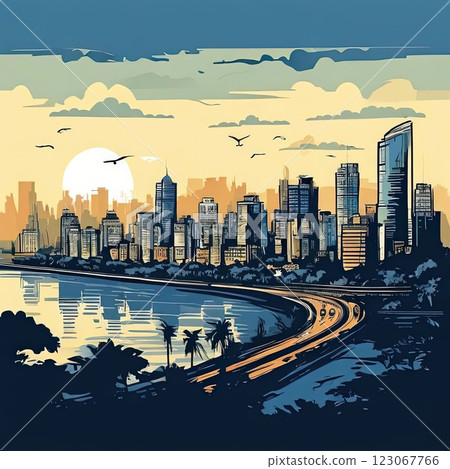 an AI Image Generator, Vibrant Cityscape at Sunset 123067766