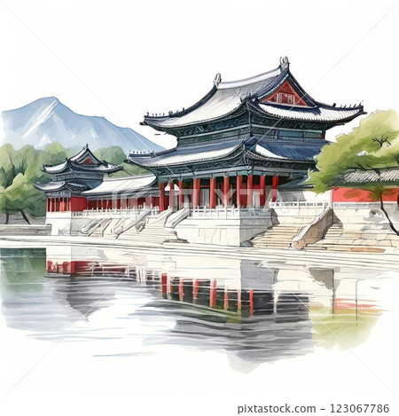 an AI Image Generator, Traditional Korean Palace With Mountain 123067786