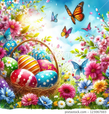an AI Image Generator, Colorful Spring Scene with Butterflies, 123067883
