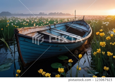 the AI Image Generator, Serene Wooden Boat Surrounded By Blooming the AI Image Generator, Serene Wooden Boat Surrounded By Blooming 123067923