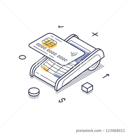 Isometric line art icon representing contactless card payment and online transactions 123068011