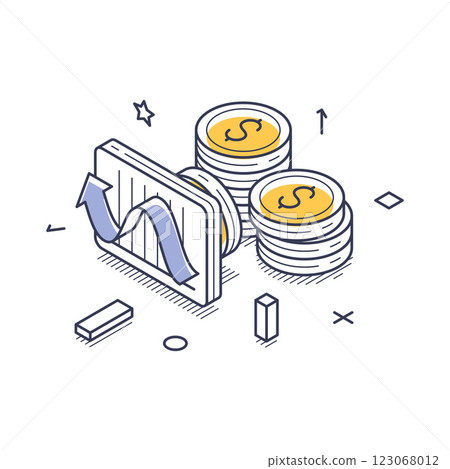 Online payments and budget analysis represented through isometric line art design elements 123068012