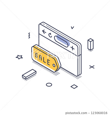 Explore online shopping with this isometric line art icon representing a store sale event Explore online shopping with this isometric line art icon representing a store sale event 123068016