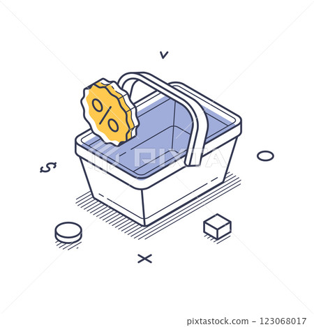 Isometric line art icon illustrating online shopping with discount elements Isometric line art icon illustrating online shopping with discount elements 123068017