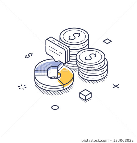 Investment growth represented by isometric line art icon with graphs and coins 123068022