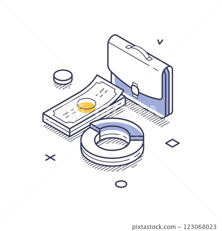 Isometric line art icon depicting business investment elements with money and a briefcase Isometric line art icon depicting business investment elements with money and a briefcase 123068023