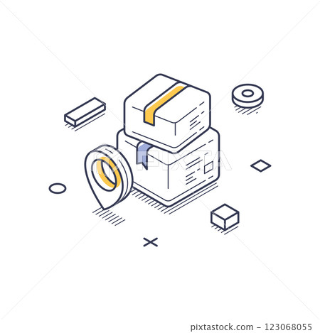 Modern isometric line art icon representing a delivery service with packages and location markers 123068055