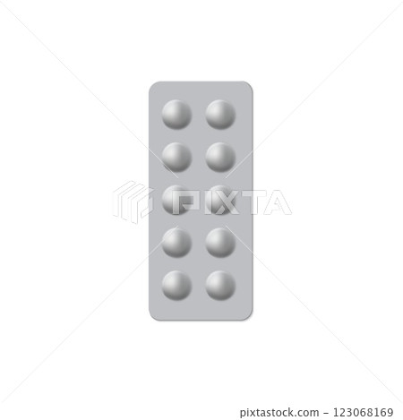 Pills blister pack, 3D vector realistic round shape tablet drugs medicine metallic package, pharmaceutical product 123068169