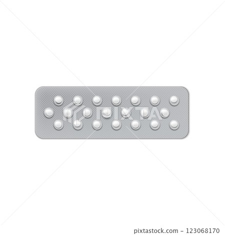 Round pills in blister pack, 3D vector realistic transparent full package containing small white tablets, medicine drugs 123068170