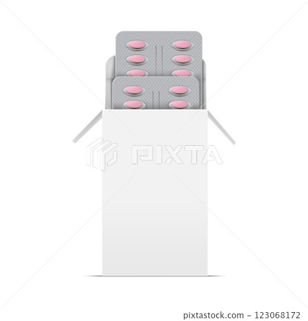 Pills blister packs in white cardboard box 3D vector illustration, metallic package for pink tablets medicine drugs 123068172